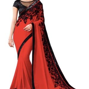 Red Embroidered Georgette Saree +Blouse-Never Used